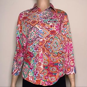 Ralph Lauren Paisley Floral Print Button Front Blouse Top Long Sleeve Size S